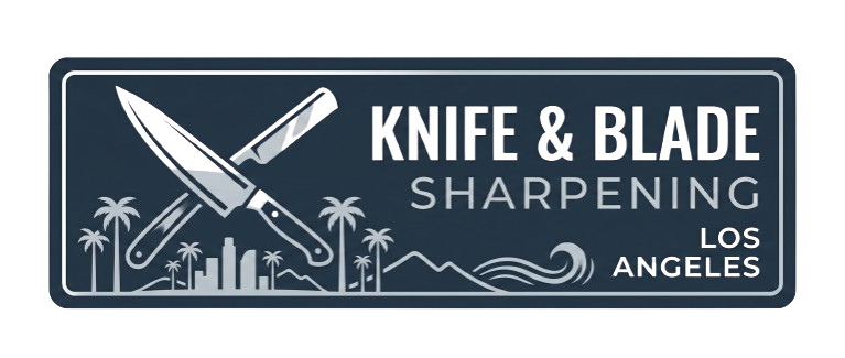 A dark rectangular sign shows a chef’s knife and a straight razor crossed above silhouettes of palm trees, mountains, ocean waves, and city buildings. It reads “Knife & Blade Sharpening, Los Angeles” in bold white and gray letters.