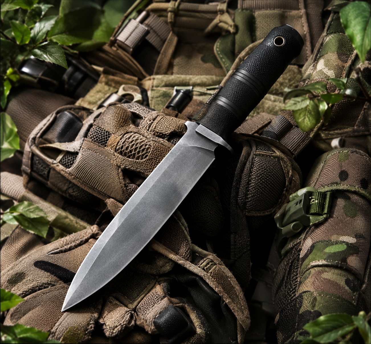 A black-handled tactical knife with a matte blade rests on camouflage-patterned military gear, surrounded by green leaves. The gear features straps, buckles, and padding, suggesting a rugged outdoor or combat setting.