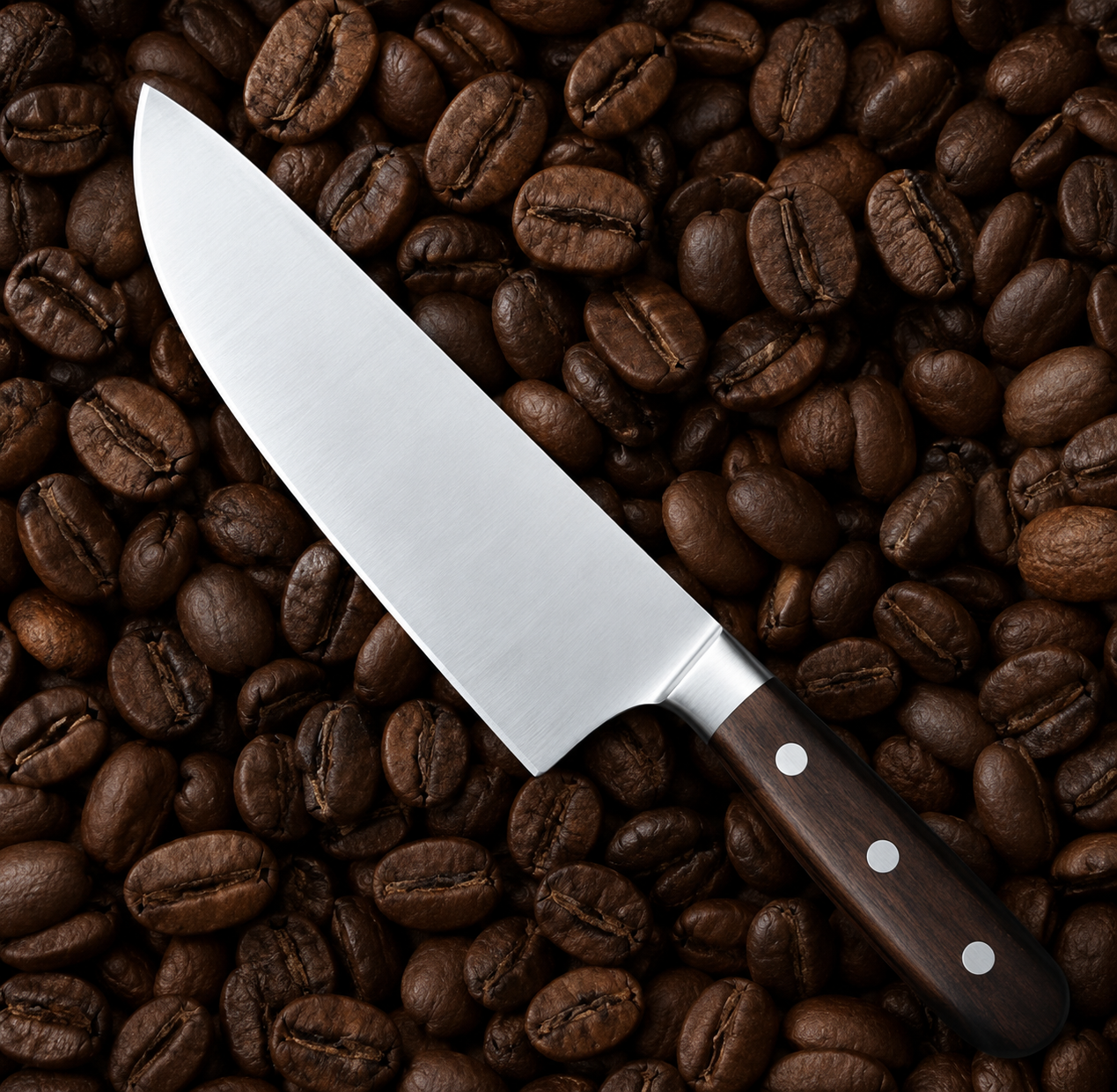 A shiny chef’s knife with a dark wooden handle rests on a surface covered with whole roasted coffee beans. The blade contrasts with the textured, brown beans beneath it.