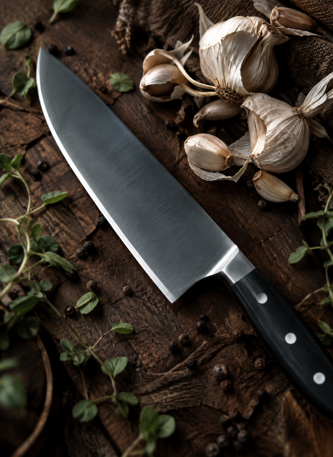 A chef’s knife with a black handle lies on a rustic wooden surface surrounded by garlic bulbs, loose garlic cloves, fresh oregano leaves, and scattered black peppercorns. The scene has a warm, natural lighting.