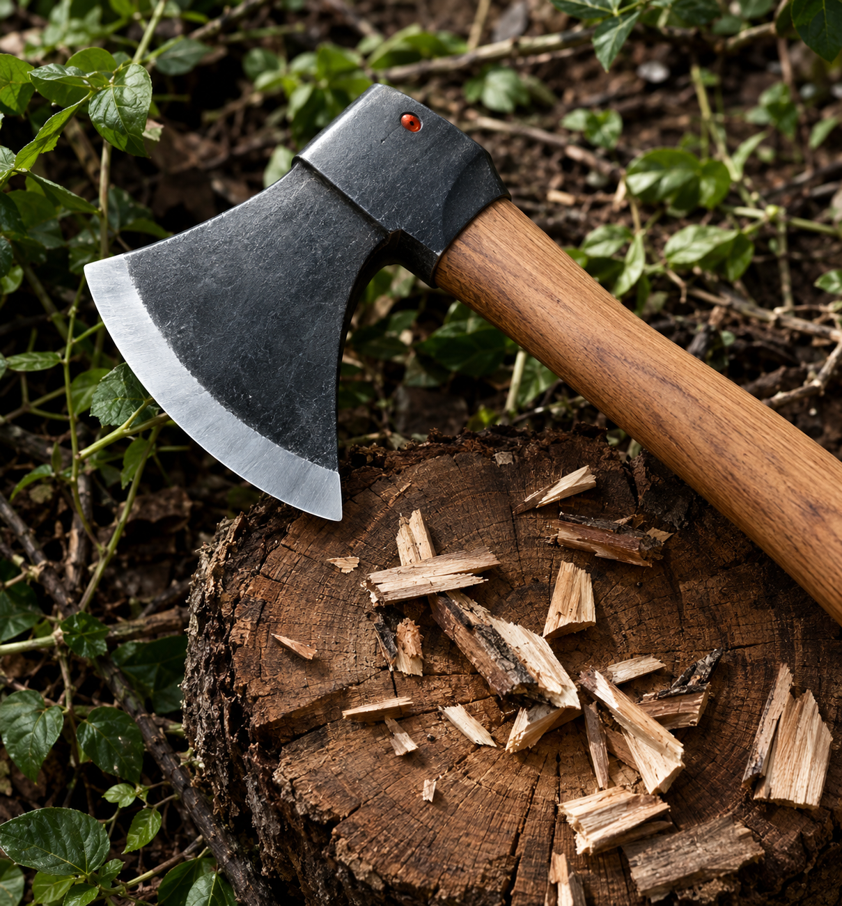 A sharp axe with a wooden handle and metal head rests on a tree stump, surrounded by green leaves and soil. Fresh wood chips are scattered on the stump, suggesting recent chopping. The scene is outdoors, likely in a forest or garden.