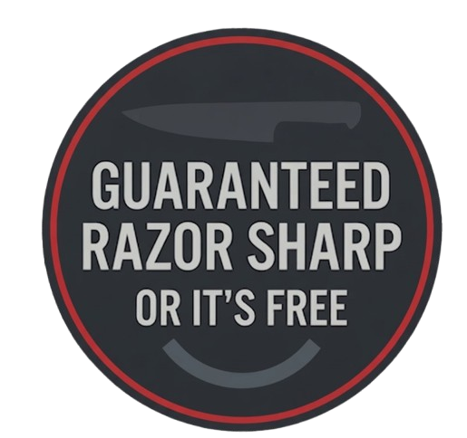 A round black sign with a red border shows a gray knife above bold white text: “GUARANTEED RAZOR SHARP OR IT’S FREE.” The design suggests a knife sharpening or kitchen product guarantee.