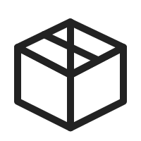 A simple black outline of a 3D cube, resembling a closed cardboard box with a line across the top for a taped seam, on a light gray background. The design is minimalist, with bold lines and no additional colors or textures.