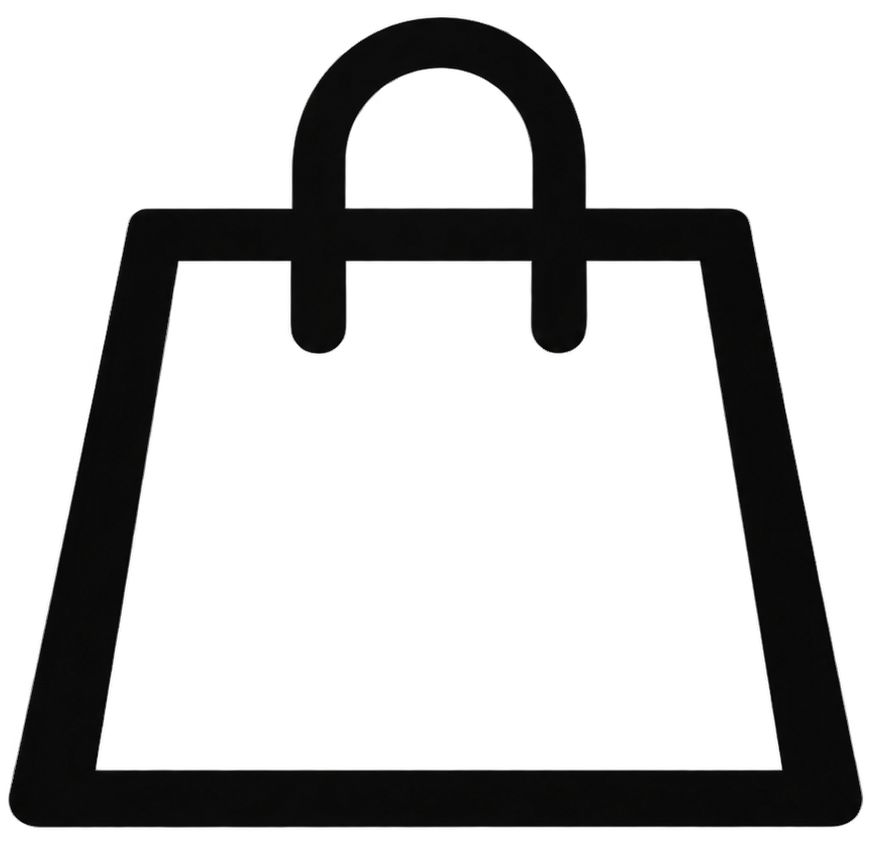 A simple black outline of a shopping bag with a rectangular body and curved handles on a white background. No text, shading, or additional details are present. The design is minimalistic and stylized.