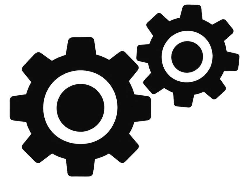 Two black gear icons with circular centers overlap slightly on a white background. The larger gear is on the left and the smaller gear is on the upper right. Both gears have eight teeth and simple, bold designs, suggesting mechanics, settings, or engineering concepts.