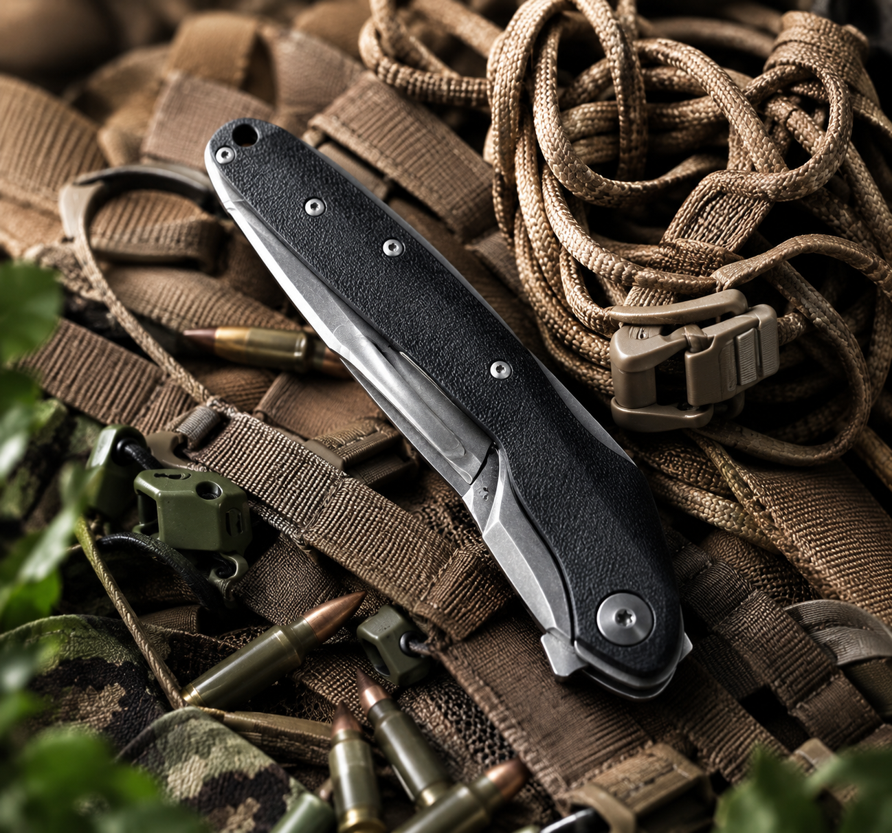 A black folding knife rests on tan tactical gear with paracord, plastic buckles, and scattered rifle bullets, creating a military or survival-themed scene.