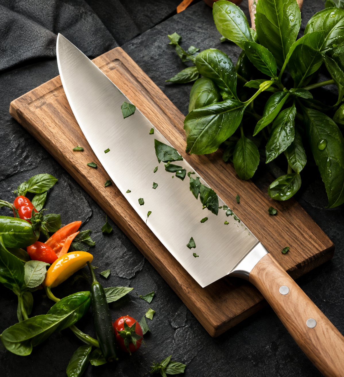 A large chef’s knife with a wooden handle rests on a wooden cutting board. Fresh basil leaves are beside the knife, with chopped herbs scattered on the blade. Assorted peppers and leafy greens sit nearby on a dark stone surface.