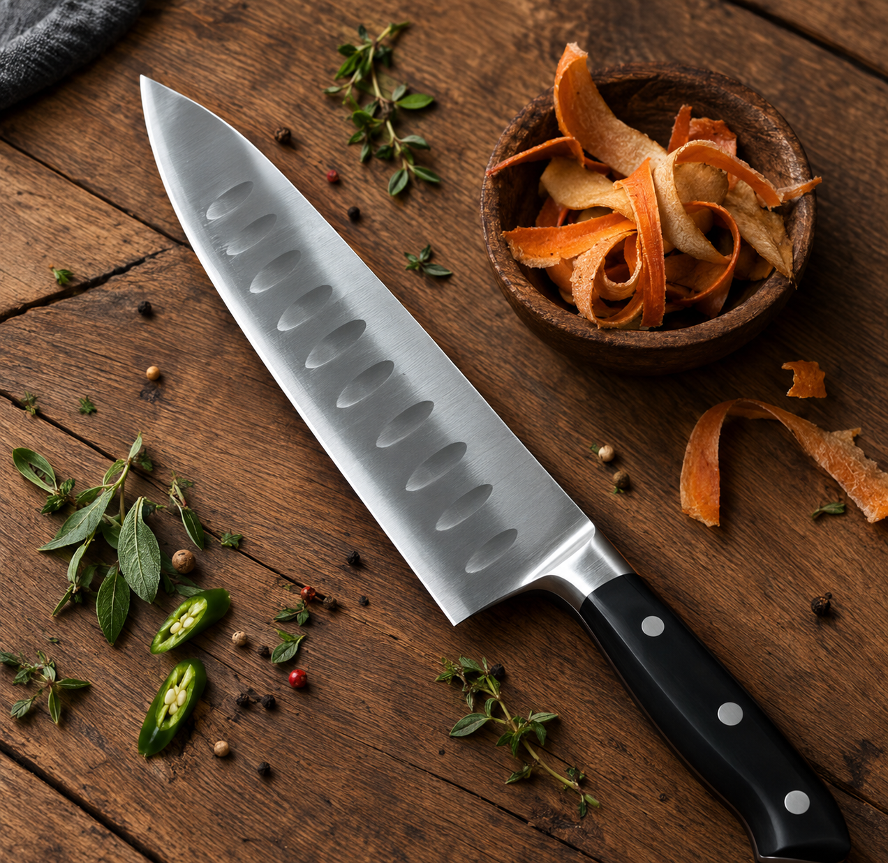 A chef’s knife with a black handle rests on a wooden table near fresh herbs, peppercorns, sliced green chili, and a small bowl of orange vegetable peels.