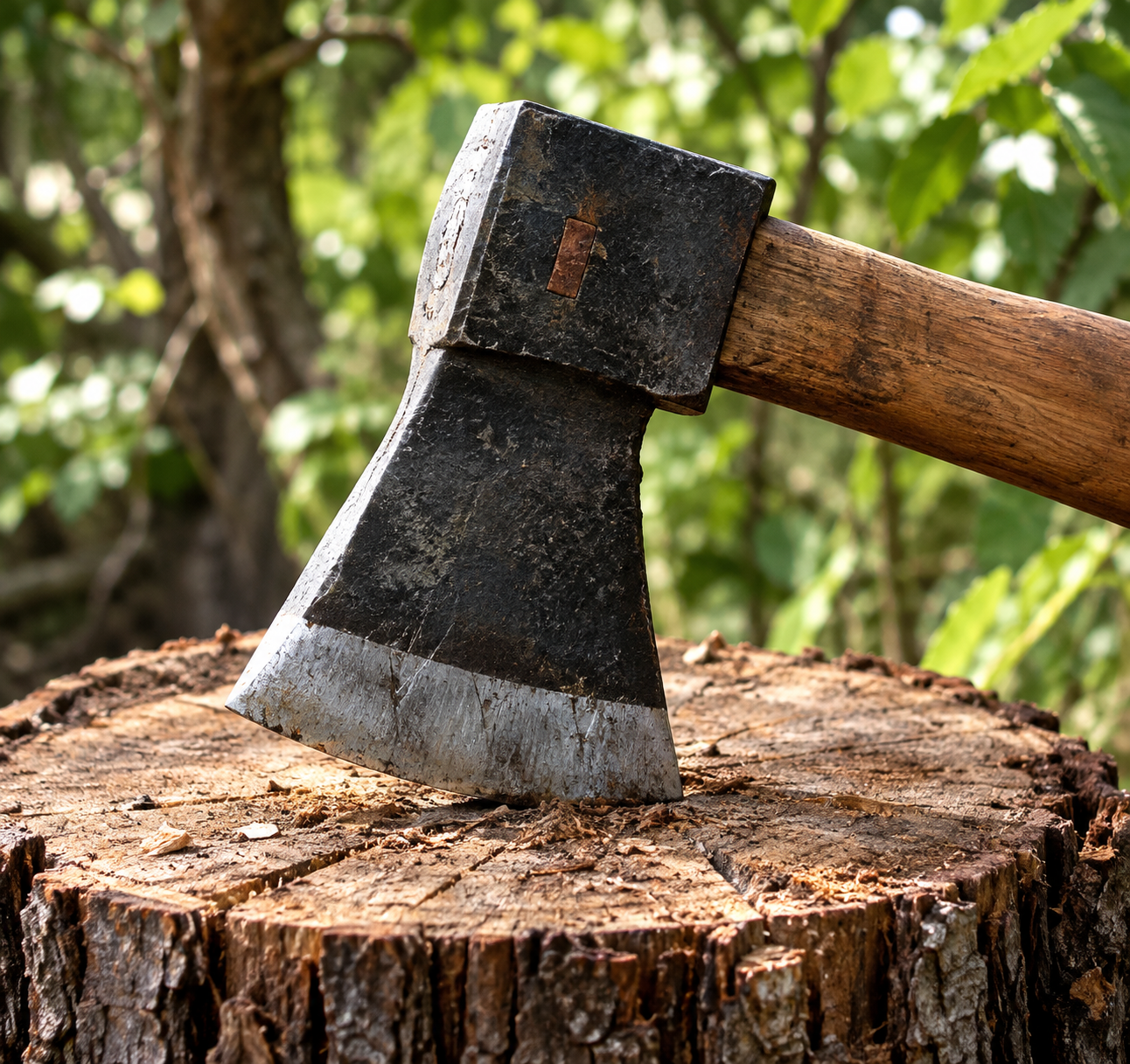 A close-up of an axe with a wooden handle embedded in a tree stump. The axe head is metal, worn, and slightly rusted. The background shows blurred green foliage, suggesting an outdoor, forested setting. Sunlight filters through the trees.