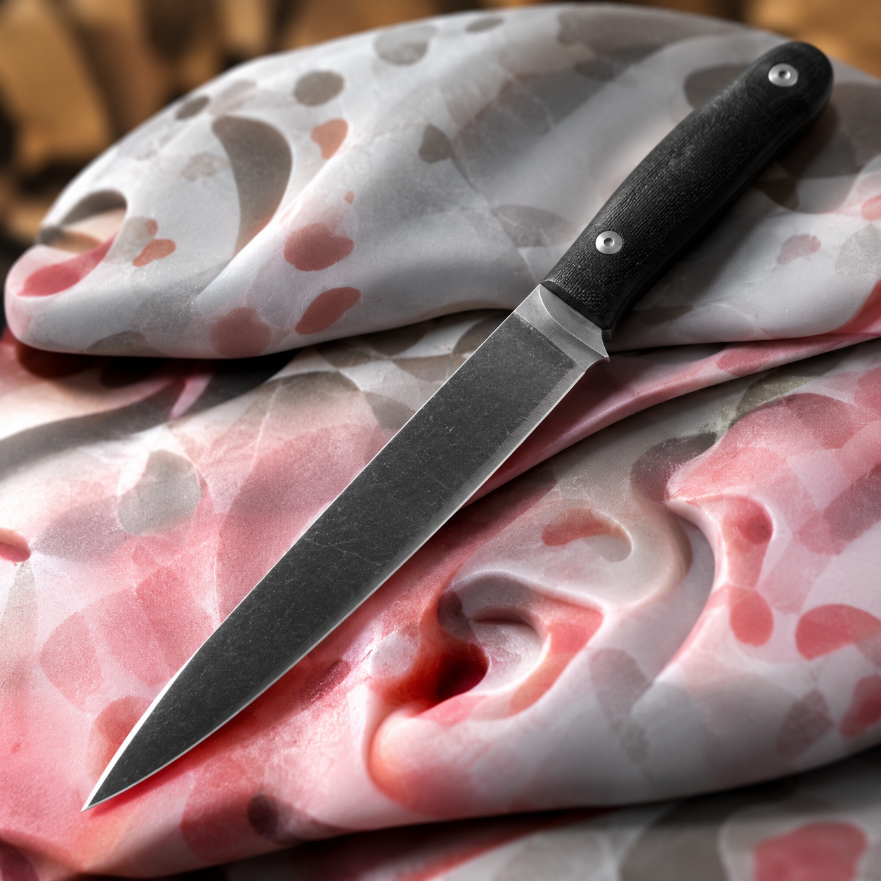 A sharp, black-handled knife rests on a silky cloth patterned with abstract shapes in reds, pinks, and grays, including realistic ear and facial features, giving a surreal appearance.