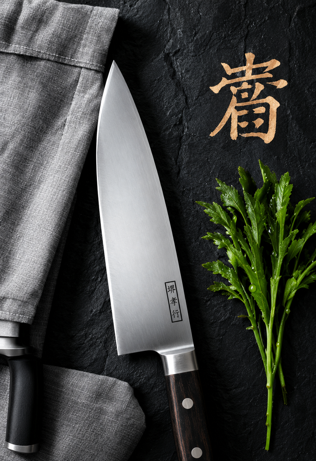 A sharp Japanese chef’s knife with kanji on its blade rests on gray fabric beside green herbs, all on a black slate surface. A gold kanji character is engraved on the slate above the herbs.