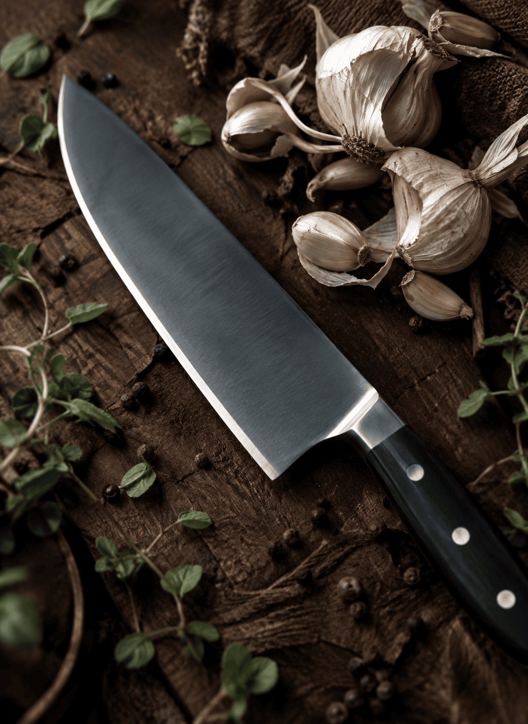 A sharp chef’s knife rests diagonally on a rustic, dark wooden board. Beside the blade are several unpeeled garlic cloves, scattered black peppercorns, and sprigs of fresh green herbs.