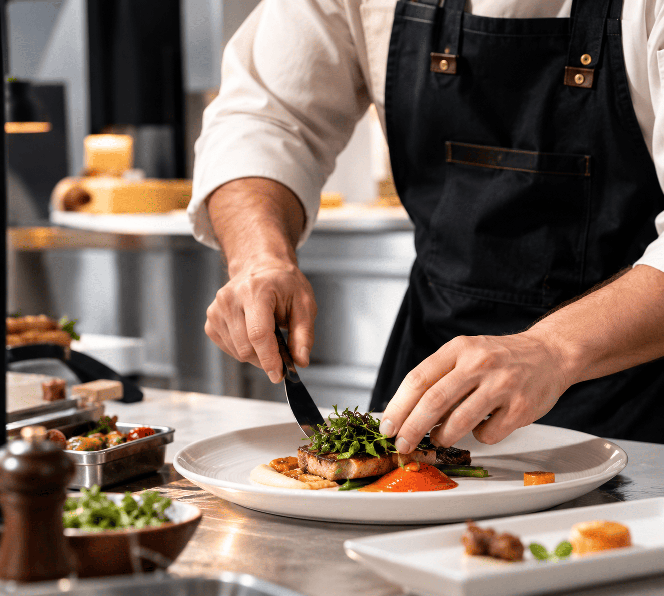 A chef in a white coat and black apron uses a knife and fork to arrange a piece of seared meat on a white plate. The dish is garnished with fresh microgreens and accompanied by small portions of orange sauce and vegetables in a professional kitchen.