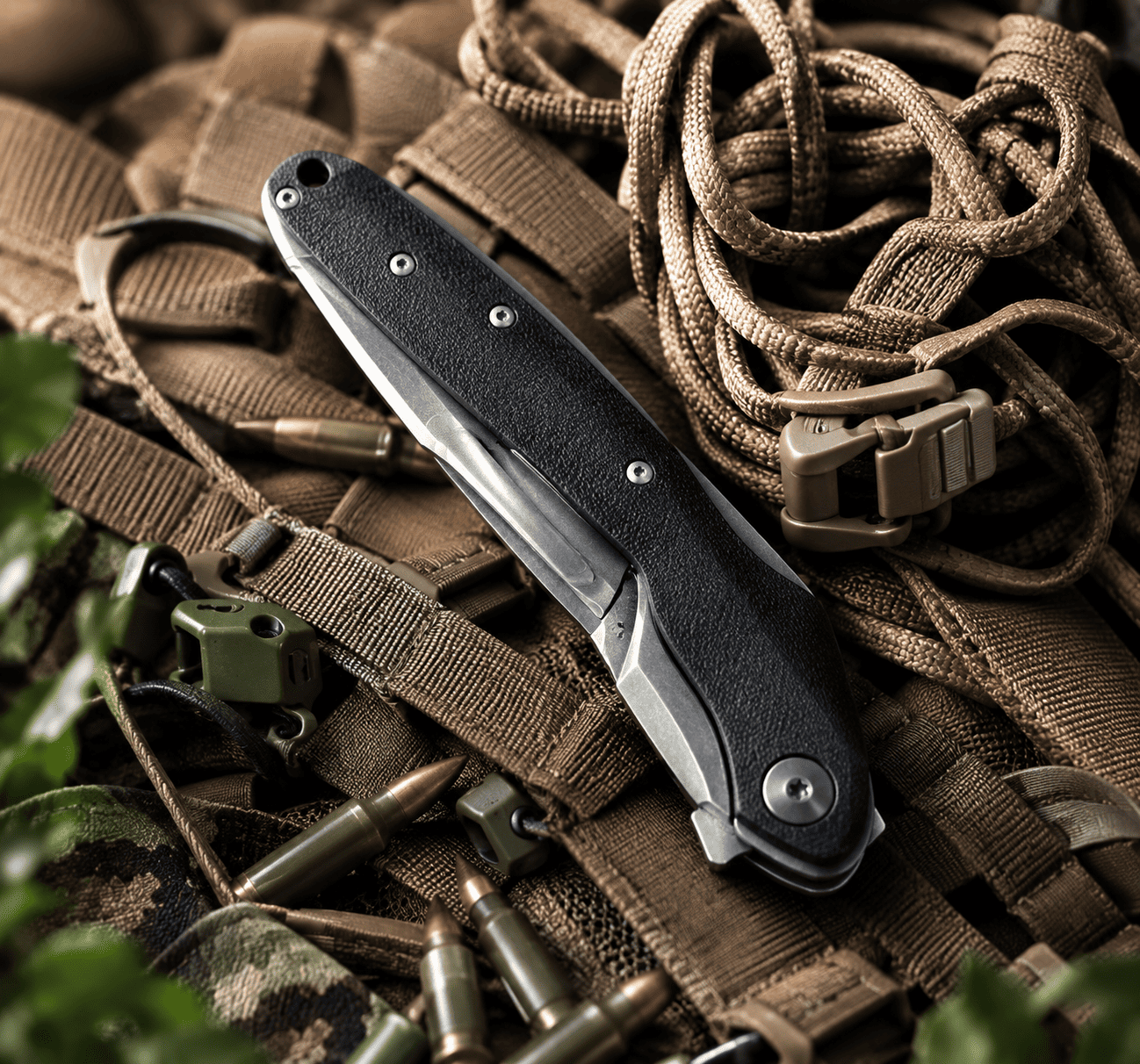 A folded pocket knife with a black textured handle lies diagonally on a brown tactical vest. The vest is adorned with tan paracord, several small brass-cased cartridges, and plastic gear attachments. The scene is framed by a soft-focus green leafy border.