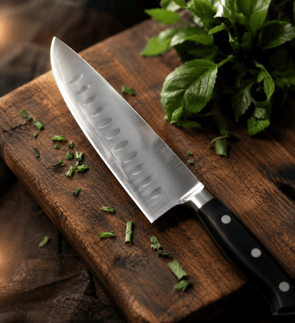 A stainless steel santoku knife rests diagonally on a rustic dark wooden cutting board. A bunch of fresh green basil sits near the top right, with tiny fragments of chopped herbs scattered across the wood surface.