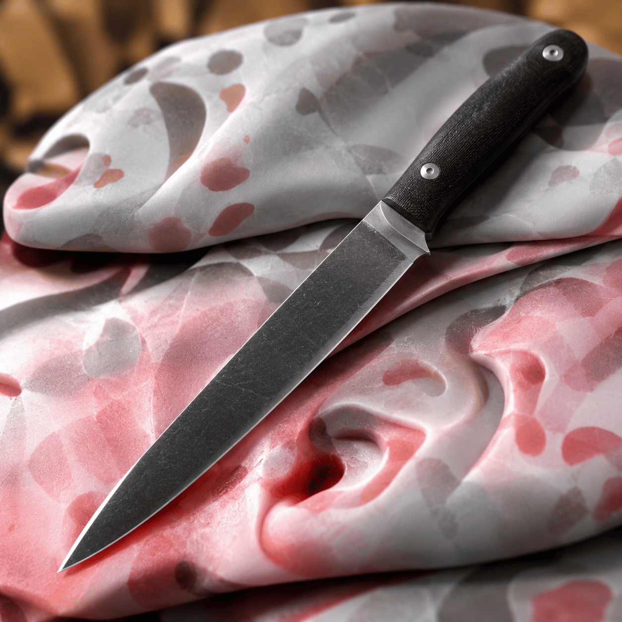 A fixed-blade knife with a black handle lies diagonally across folded, white fabric patterned with abstract red and gray splotches. The knife has a slim, metallic blade and two silver rivets on its dark, textured grip.