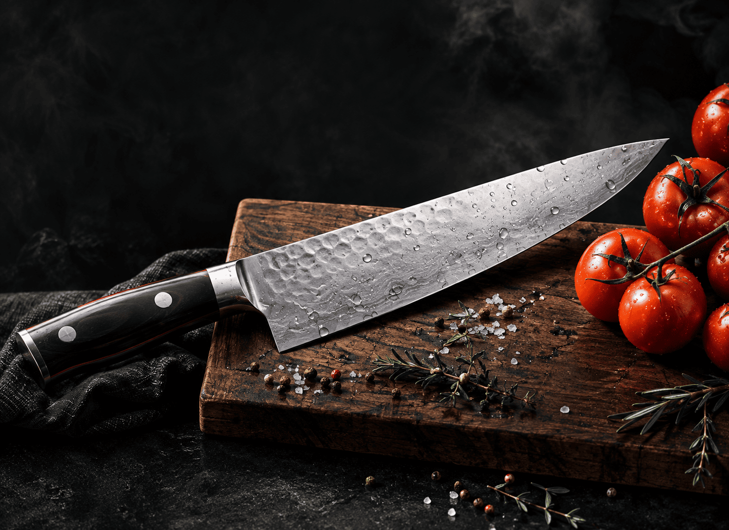 A large chef’s knife with a hammered steel blade rests on a weathered wooden cutting board alongside fresh, dewy tomatoes. Scattered salt crystals and herbs lie on the dark surface, with wisps of smoke rising against a black background.