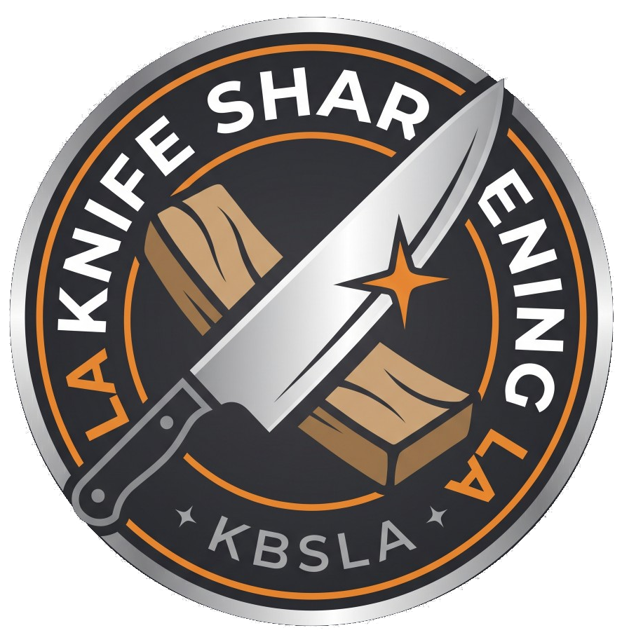 A circular logo for “LA Knife Sharpening” features a large chef’s knife resting diagonally across a wooden block. The design uses a black, orange, and metallic silver color scheme, with the text “KBSLA” at the bottom and a small orange star icon on the knife blade.