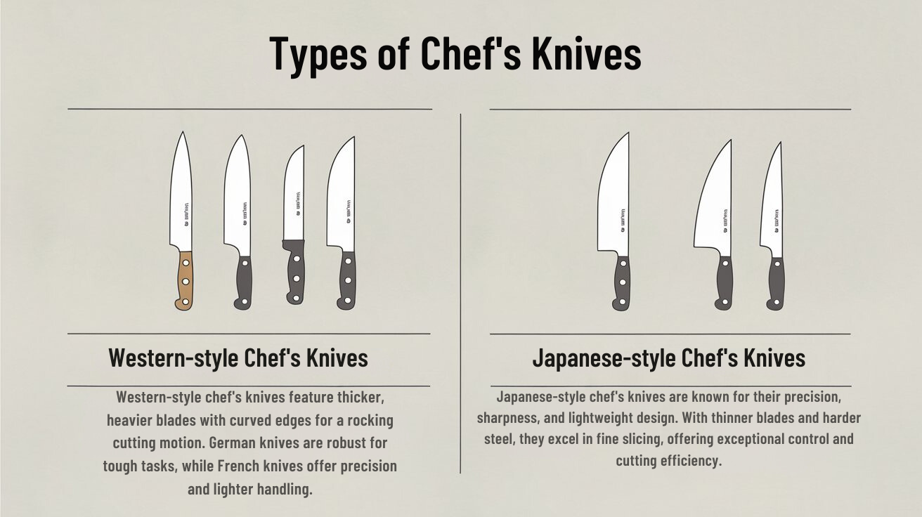 A collection of various chef's knives displayed, showcasing different shapes, sizes, and designs for culinary use. 