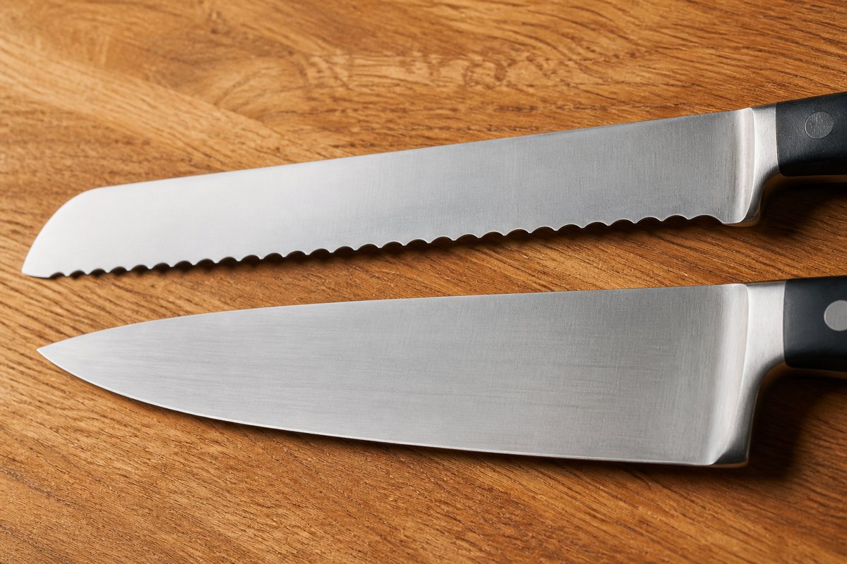 why-serrated-knives-are-different Serrated bread knife and straight-edged chef’s knife lying side by side on a wooden board.